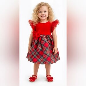 Red Plaid Dress with Bow for Kids, Wedding